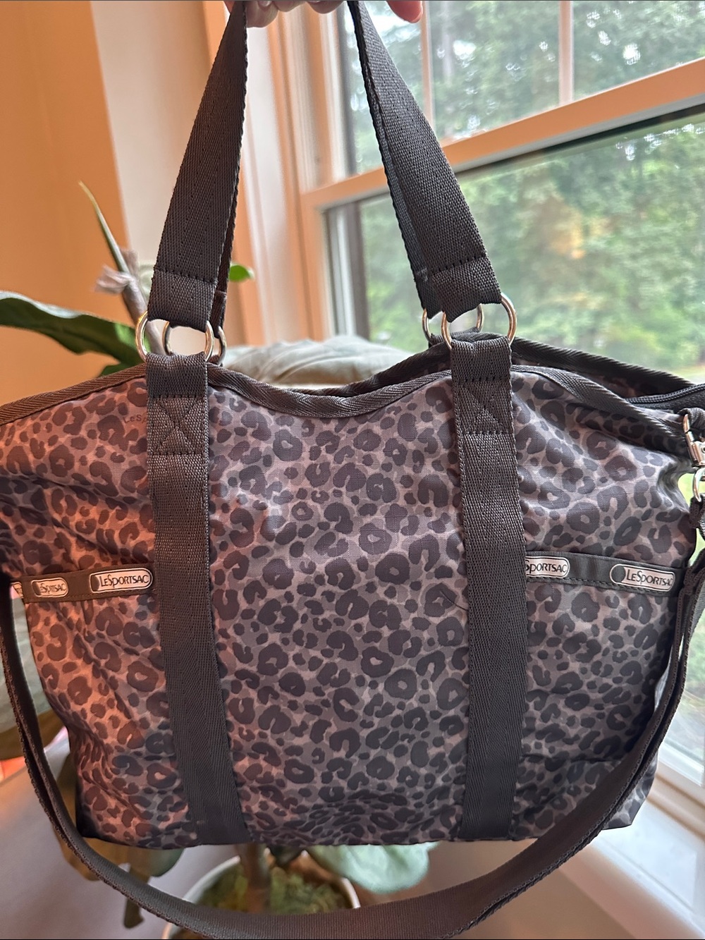 LeSportsac Olive Green Leopard Print Nylon Tote with Shoulder/Crossbody Stra